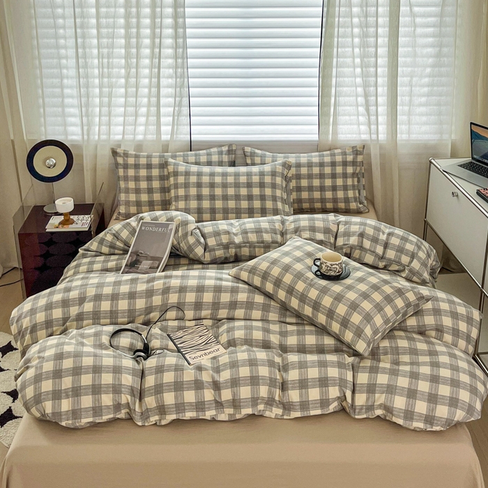 91家纺网 家纺一手货源 找家纺 斯卡诺家纺 2026新款亲肤舒适原麻亚麻皱皱纱四件套水洗棉简麻四件套 灰白格子