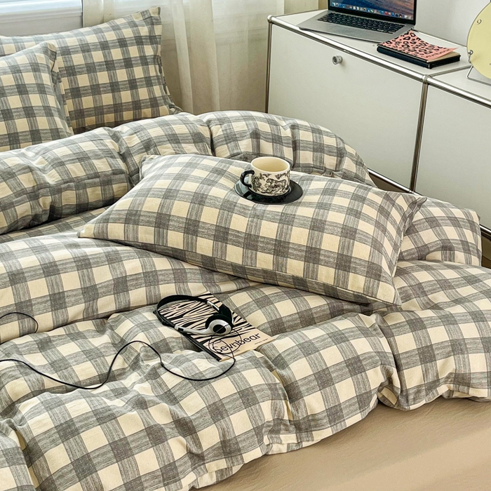 91家纺网 家纺一手货源 找家纺 斯卡诺家纺 2026新款亲肤舒适原麻亚麻皱皱纱四件套水洗棉简麻四件套 灰白格子