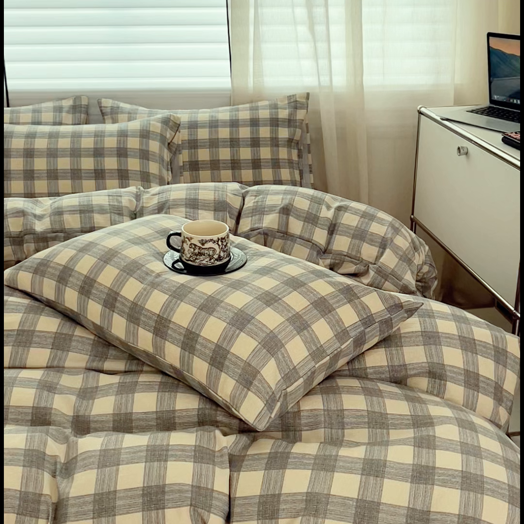 91家纺网 家纺一手货源 找家纺 斯卡诺家纺 2026新款亲肤舒适原麻亚麻皱皱纱四件套水洗棉简麻四件套 灰白格子