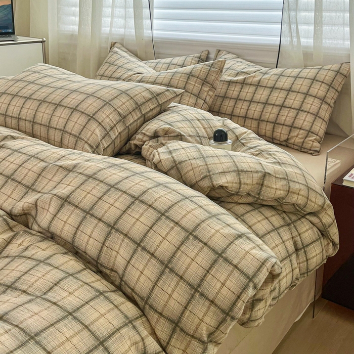 斯卡诺家纺 2026新款亲肤舒适原麻亚麻皱皱纱四件套水洗棉简麻四件套 简棕格