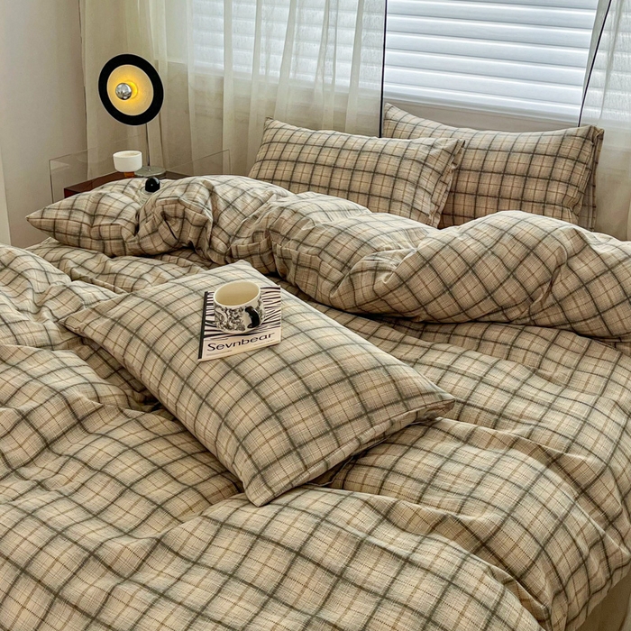 91家纺网 家纺一手货源 找家纺 斯卡诺家纺 2026新款亲肤舒适原麻亚麻皱皱纱四件套水洗棉简麻四件套 简棕格