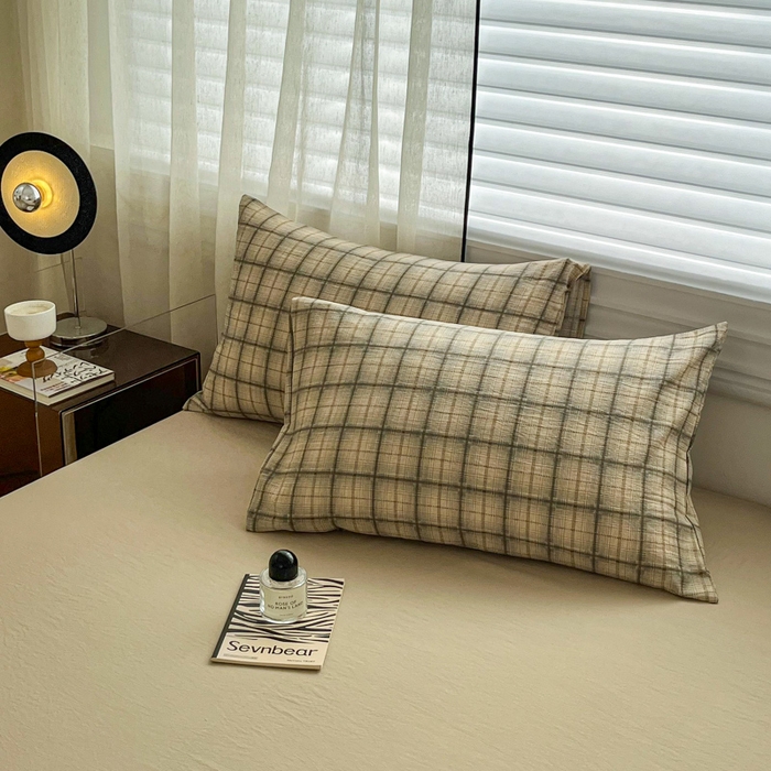 91家纺网 家纺一手货源 找家纺 斯卡诺家纺 2026新款亲肤舒适原麻亚麻皱皱纱四件套水洗棉简麻四件套 简棕格