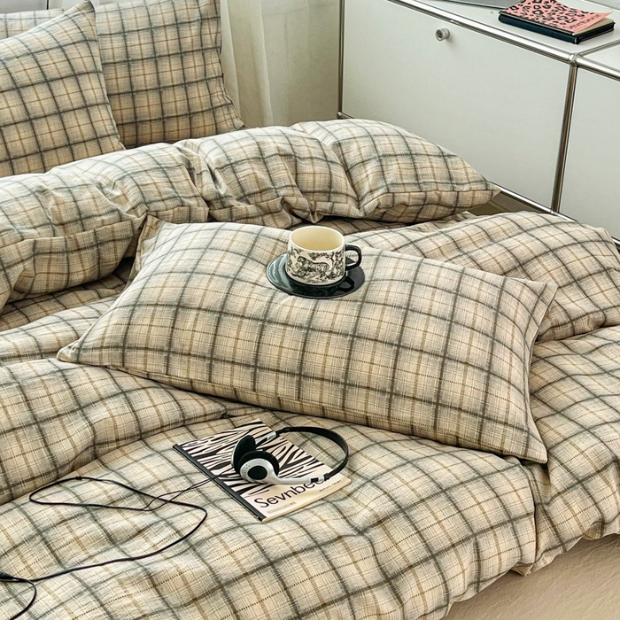 91家纺网 家纺一手货源 找家纺 斯卡诺家纺 2026新款亲肤舒适原麻亚麻皱皱纱四件套水洗棉简麻四件套 简棕格