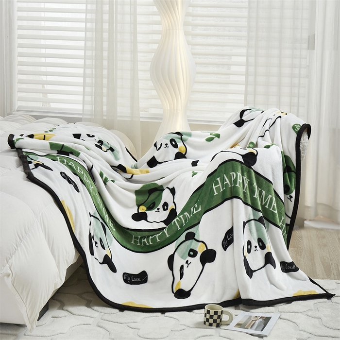 91家纺网 家纺一手货源 找家纺 悦织湾家纺 2025新款仿兔毛绒托斯仿兔毛绒毛毯纯色印花牛奶绒休闲盖毯午睡小毯子 竹子熊猫