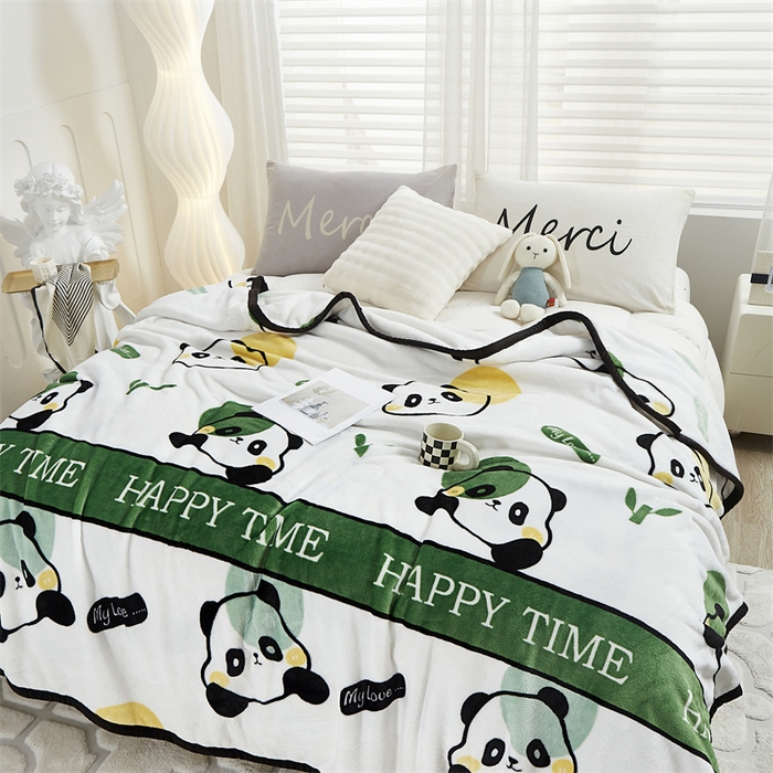 91家纺网 家纺一手货源 找家纺 悦织湾家纺 2025新款仿兔毛绒托斯仿兔毛绒毛毯纯色印花牛奶绒休闲盖毯午睡小毯子 竹子熊猫