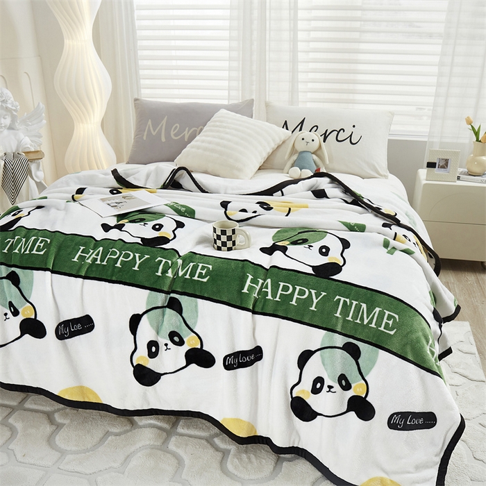 91家纺网 家纺一手货源 找家纺 悦织湾家纺 2025新款仿兔毛绒托斯仿兔毛绒毛毯纯色印花牛奶绒休闲盖毯午睡小毯子 竹子熊猫