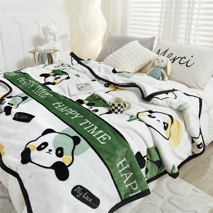 91家纺网 家纺一手货源 找家纺 悦织湾家纺 2025新款仿兔毛绒托斯仿兔毛绒毛毯纯色印花牛奶绒休闲盖毯午睡小毯子 竹子熊猫