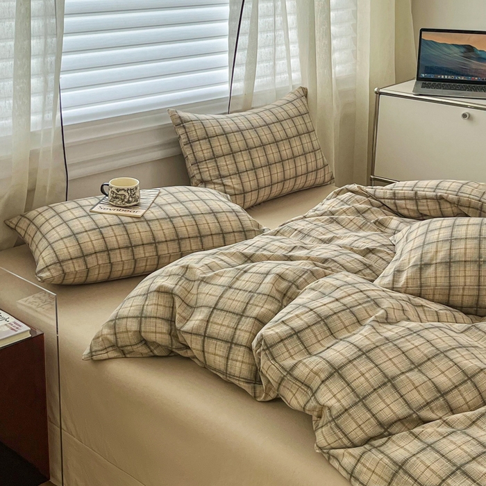 91家纺网 家纺一手货源 找家纺 斯卡诺家纺 2026新款亲肤舒适原麻亚麻皱皱纱四件套水洗棉简麻四件套 简棕格