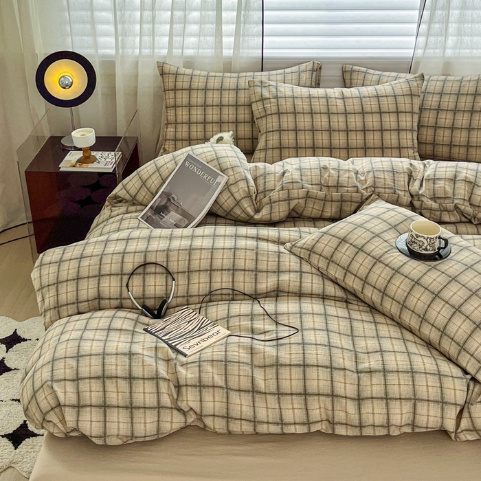 91家纺网 家纺一手货源 找家纺 斯卡诺家纺 2026新款亲肤舒适原麻亚麻皱皱纱四件套水洗棉简麻四件套 简棕格