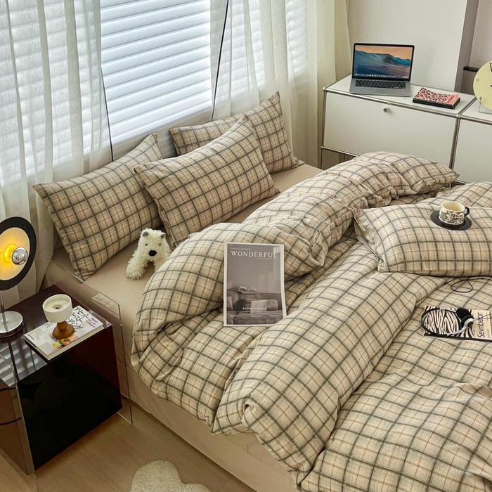 91家纺网 家纺一手货源 找家纺 斯卡诺家纺 2026新款亲肤舒适原麻亚麻皱皱纱四件套水洗棉简麻四件套 简棕格