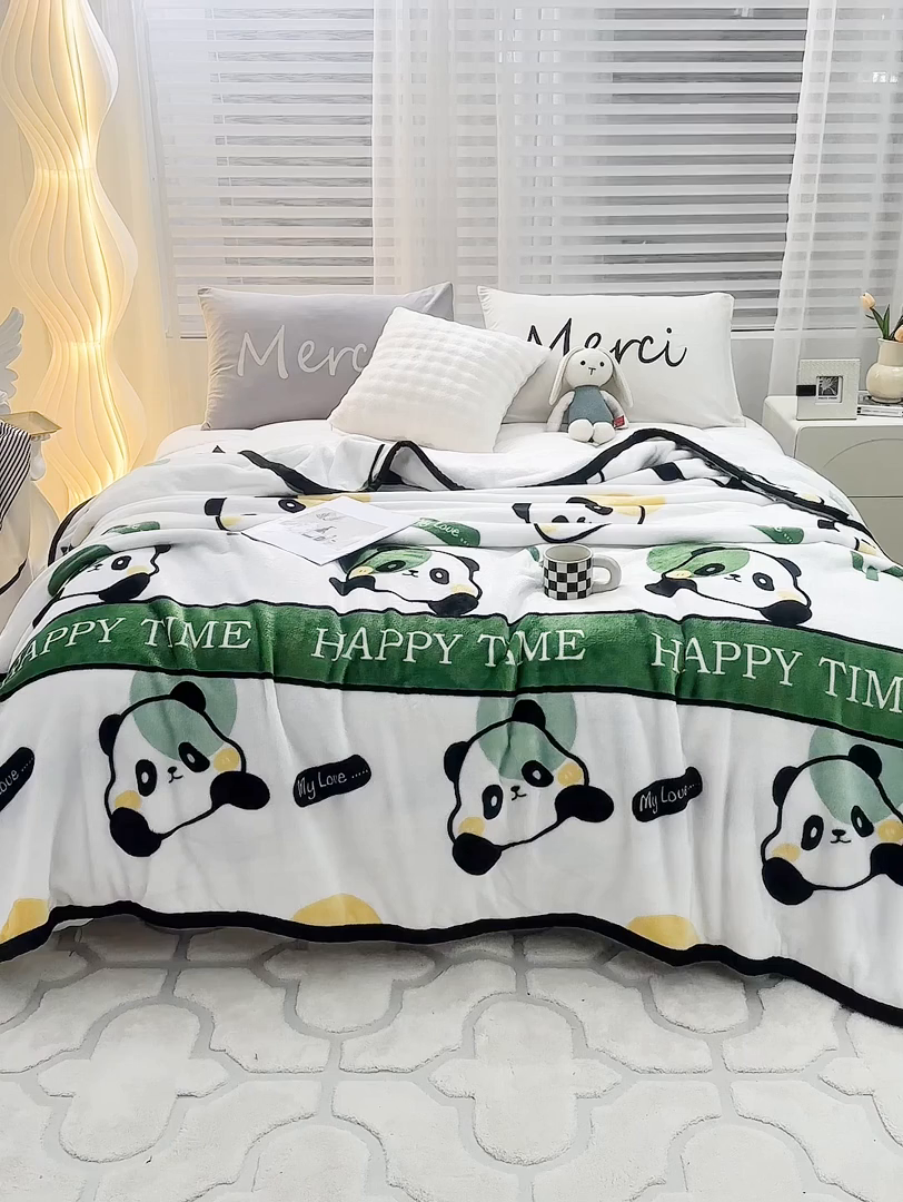 91家纺网 家纺一手货源 找家纺 悦织湾家纺 2025新款仿兔毛绒托斯仿兔毛绒毛毯纯色印花牛奶绒休闲盖毯午睡小毯子 竹子熊猫