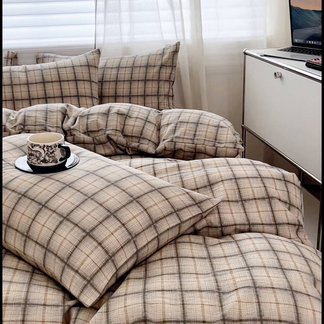 91家纺网 家纺一手货源 找家纺 斯卡诺家纺 2026新款亲肤舒适原麻亚麻皱皱纱四件套水洗棉简麻四件套 简棕格