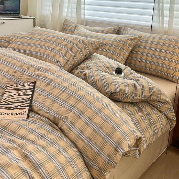 斯卡诺家纺 2026新款亲肤舒适原麻亚麻皱皱纱四件套水洗棉简麻四件套 经典格子