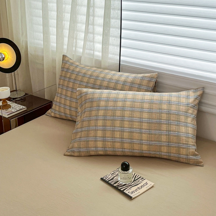 91家纺网 家纺一手货源 找家纺 斯卡诺家纺 2026新款亲肤舒适原麻亚麻皱皱纱四件套水洗棉简麻四件套 经典格子