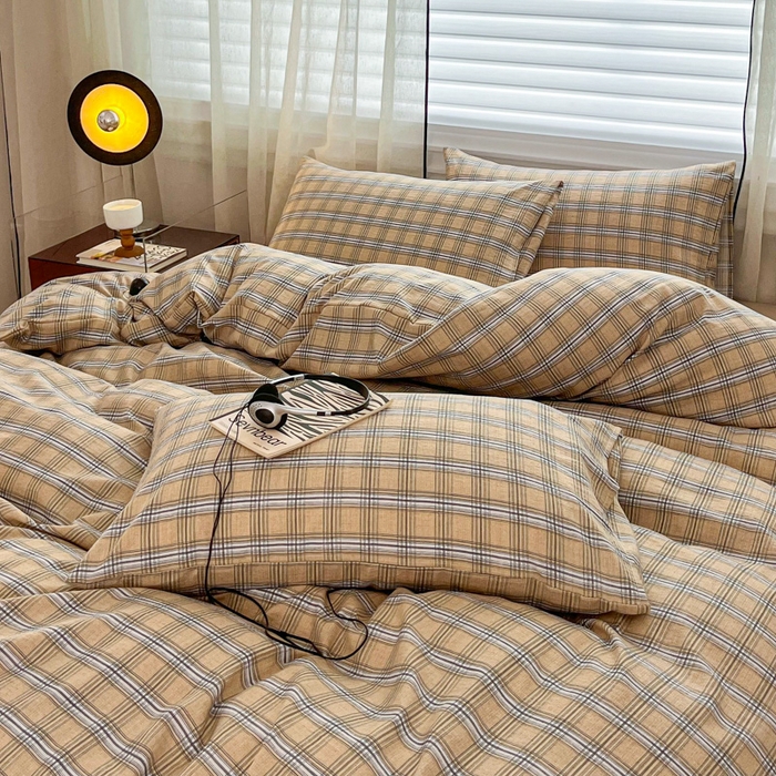 91家纺网 家纺一手货源 找家纺 斯卡诺家纺 2026新款亲肤舒适原麻亚麻皱皱纱四件套水洗棉简麻四件套 经典格子