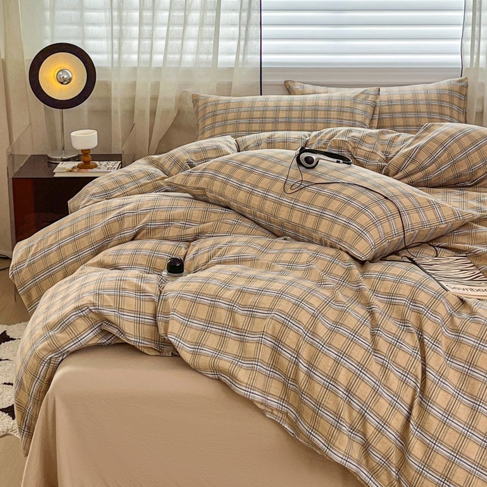 91家纺网 家纺一手货源 找家纺 斯卡诺家纺 2026新款亲肤舒适原麻亚麻皱皱纱四件套水洗棉简麻四件套 经典格子