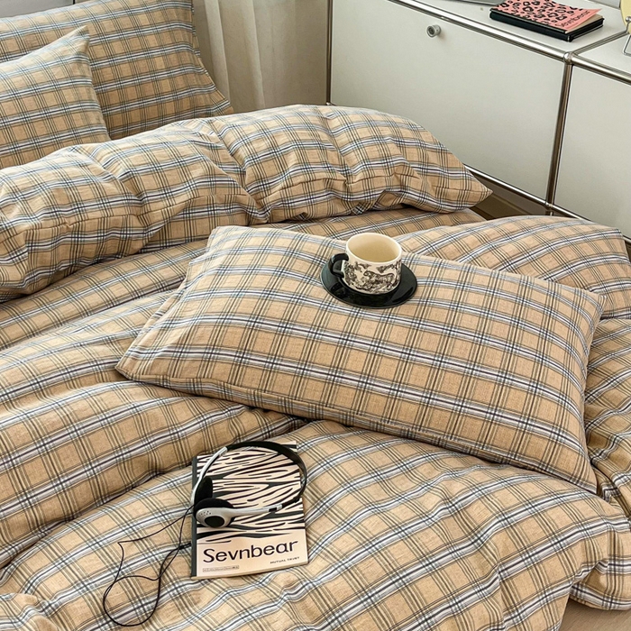 91家纺网 家纺一手货源 找家纺 斯卡诺家纺 2026新款亲肤舒适原麻亚麻皱皱纱四件套水洗棉简麻四件套 经典格子