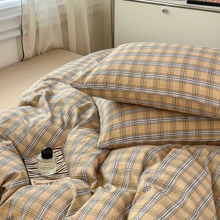 91家纺网 家纺一手货源 找家纺 斯卡诺家纺 2026新款亲肤舒适原麻亚麻皱皱纱四件套水洗棉简麻四件套 经典格子