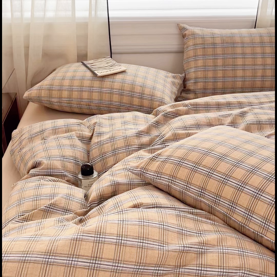 91家纺网 家纺一手货源 找家纺 斯卡诺家纺 2026新款亲肤舒适原麻亚麻皱皱纱四件套水洗棉简麻四件套 经典格子