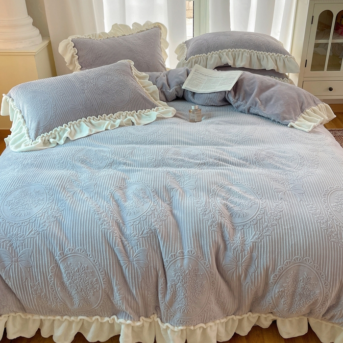 91家纺网 家纺一手货源 找家纺 六巷胡同 2025新款轻法式公主蝴蝶结提花牛奶绒四件套-风格一 公主蝴蝶结-紫