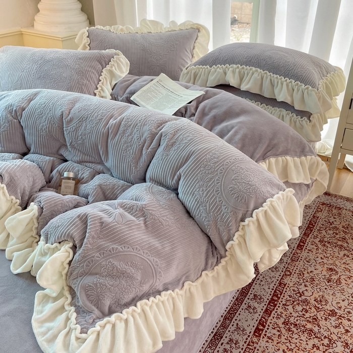 六巷胡同 2025新款轻法式公主蝴蝶结提花牛奶绒四件套-风格一 公主蝴蝶结-紫