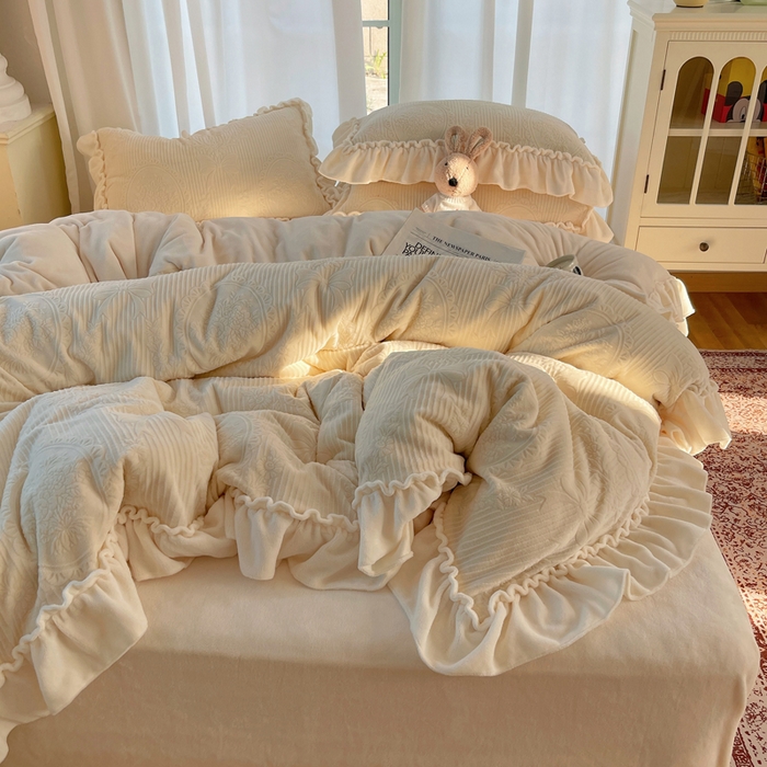 六巷胡同 2025新款轻法式公主蝴蝶结提花牛奶绒四件套-风格一 公主蝴蝶结-白