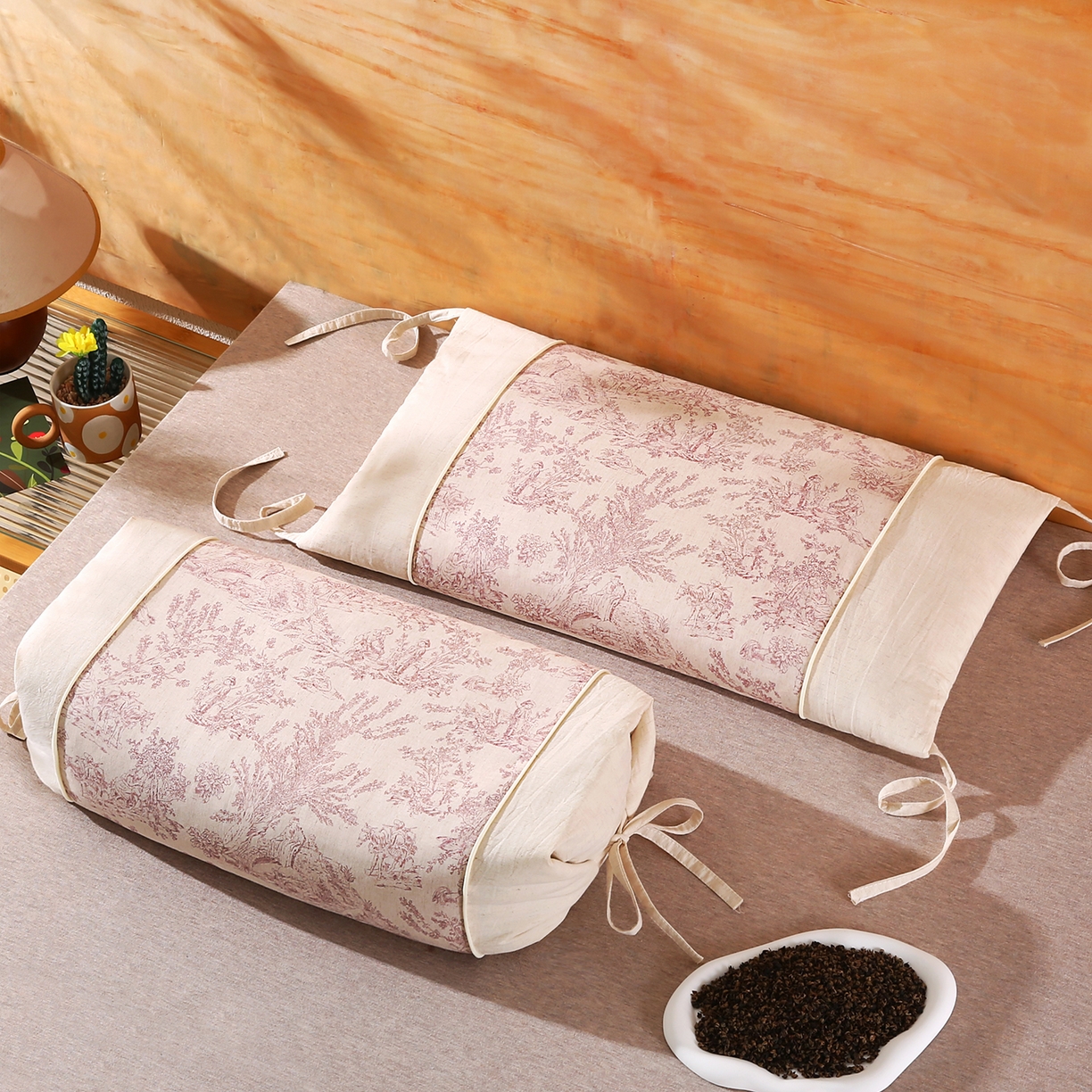 橘夏家纺 2025新款枕头护颈椎国潮棉麻系带款纯荞麦壳可拆卸可替换内胆助睡眠枕头枕芯 国风素描-朱红