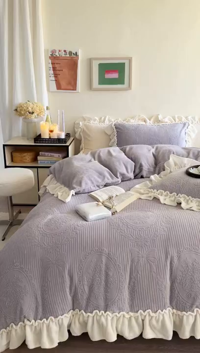 91家纺网 家纺一手货源 找家纺 六巷胡同 2025新款轻法式公主蝴蝶结提花牛奶绒四件套-风格二 公主蝴蝶结-紫