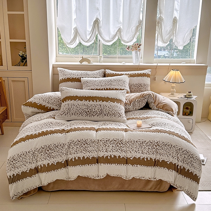 91家纺网 家纺一手货源 找家纺 家贝爱 2025秋冬新款高克重塔芙绒提花四件套 扶摇-咖