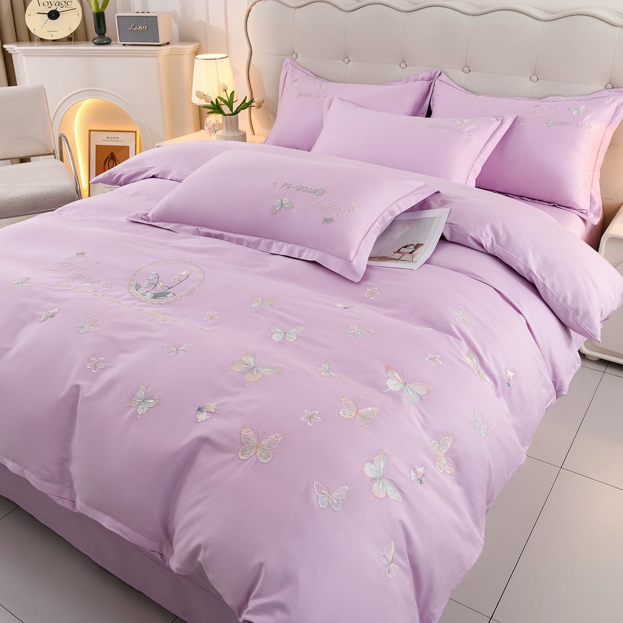 91家纺网 家纺一手货源 找家纺 绒小宣 2025新款13372全棉绣花四件套-轻舞 风铃-紫