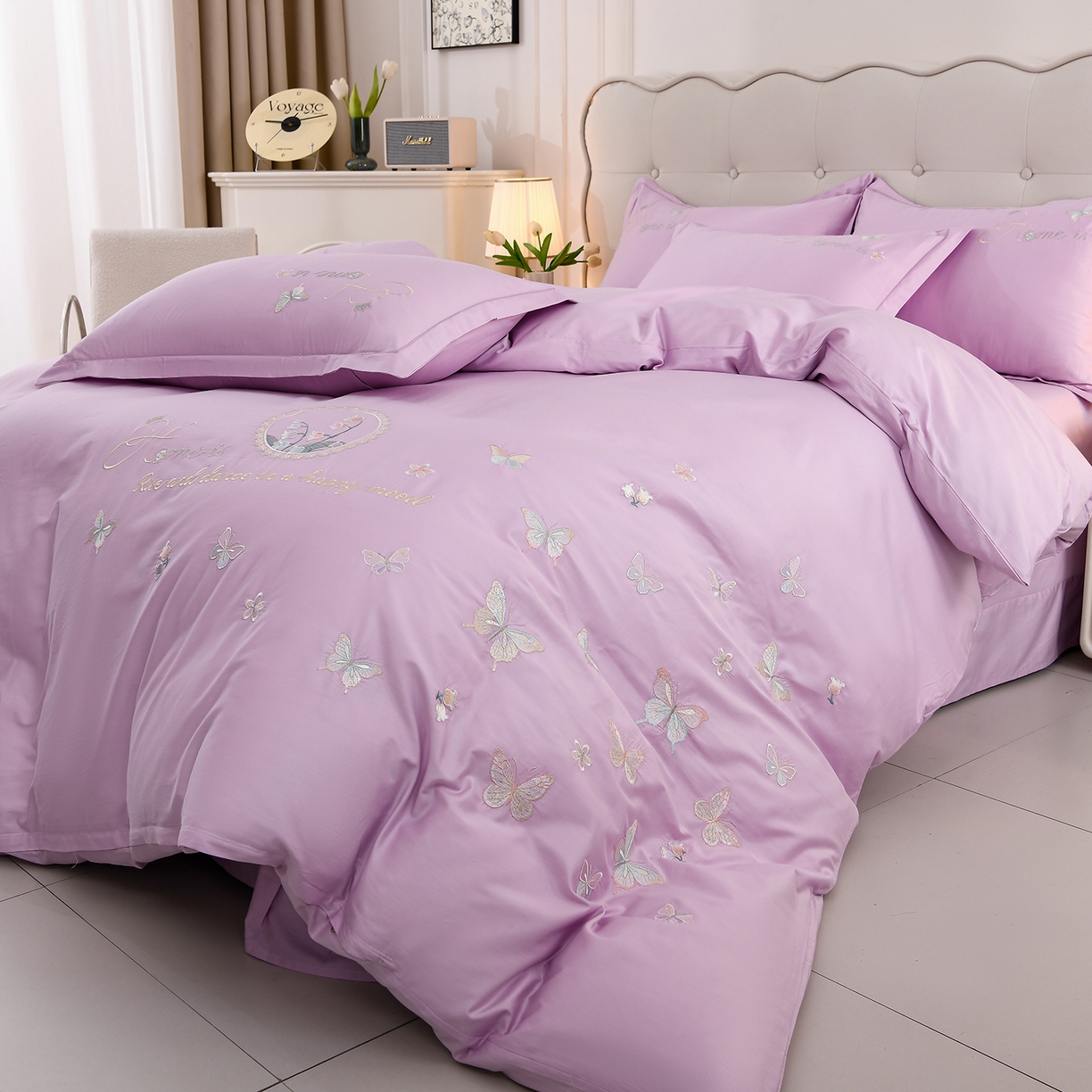 91家纺网 家纺一手货源 找家纺 绒小宣 2025新款13372全棉绣花四件套-轻舞 风铃-紫