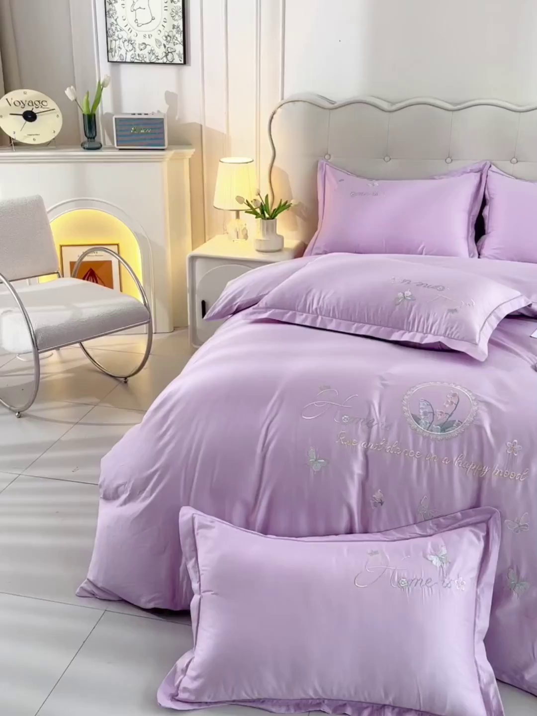 91家纺网 家纺一手货源 找家纺 绒小宣 2025新款13372全棉绣花四件套-轻舞 风铃-紫
