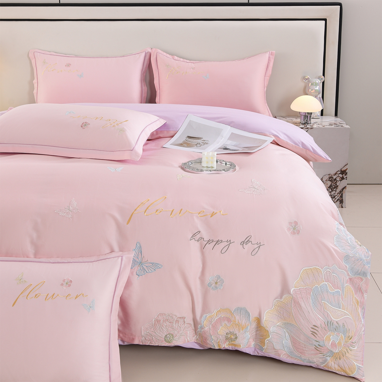 91家纺网 家纺一手货源 找家纺 绒小宣 2025新款13372全棉绣花四件套-牡丹佳人 华尔兹-粉紫