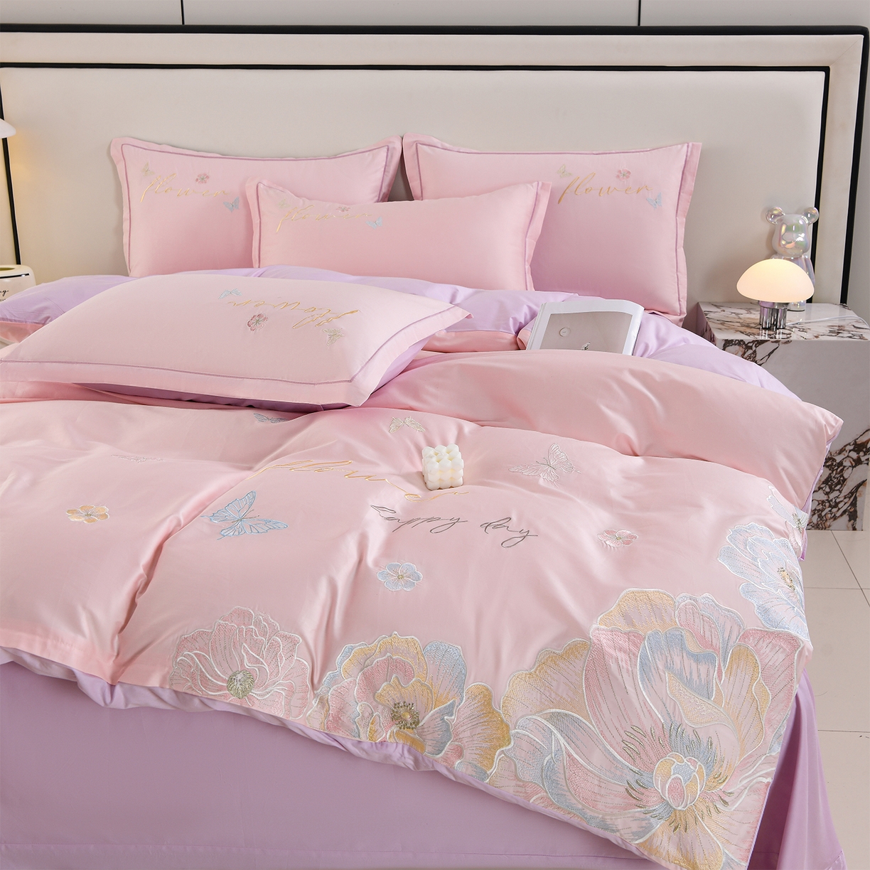 91家纺网 家纺一手货源 找家纺 绒小宣 2025新款13372全棉绣花四件套-牡丹佳人 华尔兹-粉紫