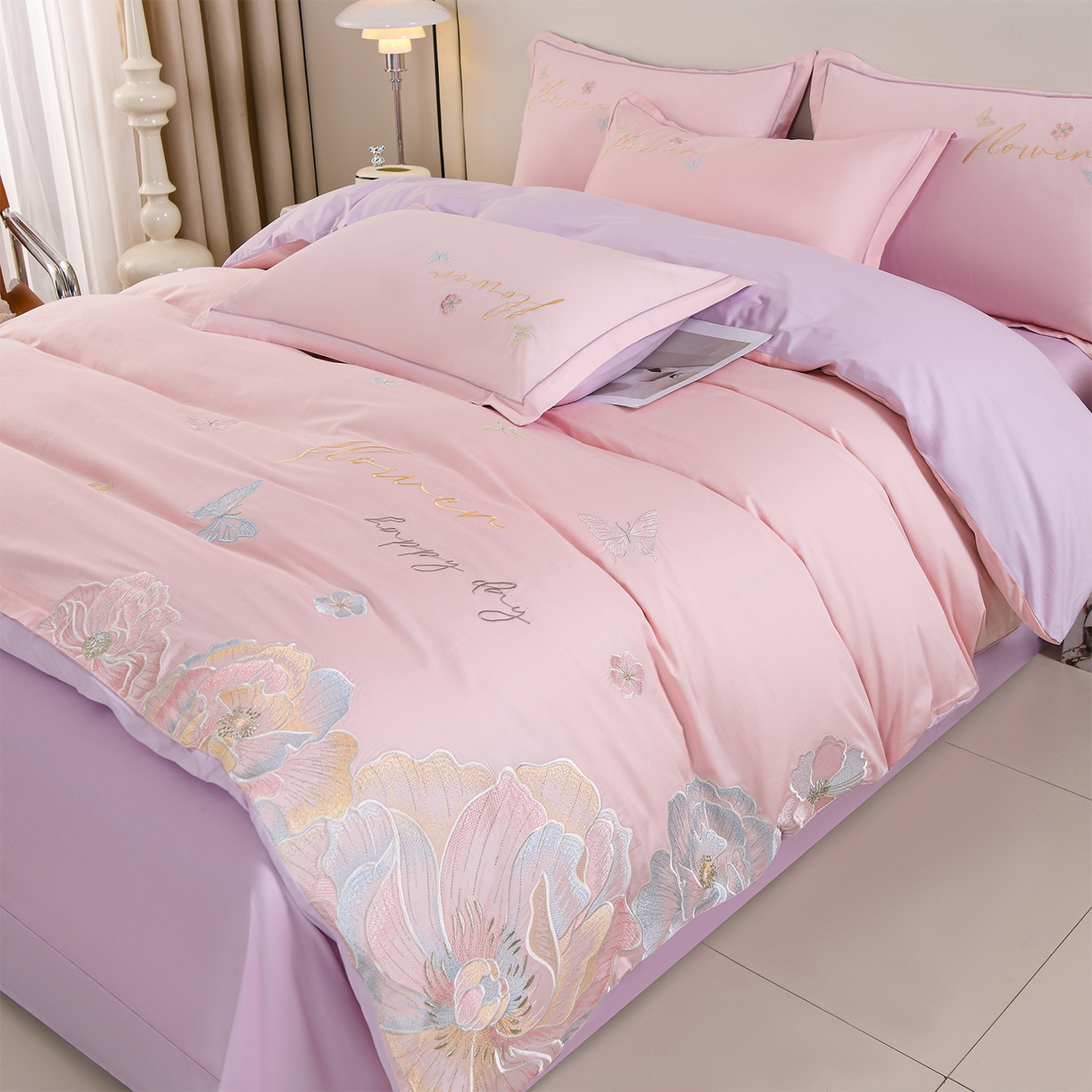 绒小宣 2025新款13372全棉绣花四件套-牡丹佳人 华尔兹-粉紫