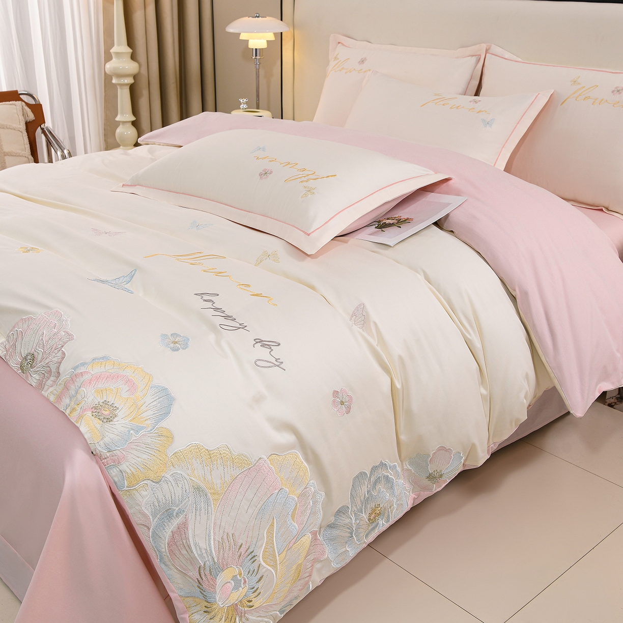 绒小宣 2025新款13372全棉绣花四件套-牡丹佳人 华尔兹-粉白