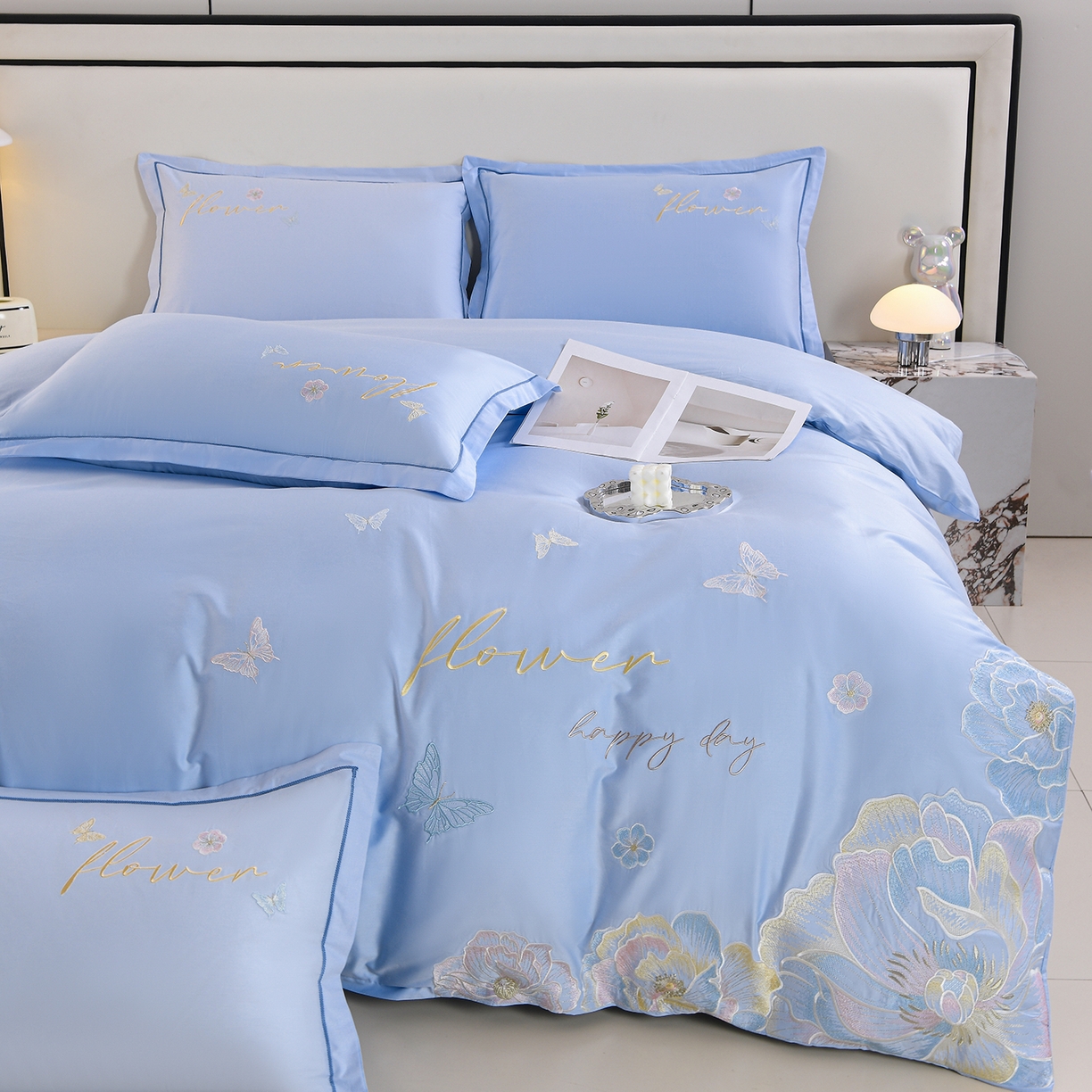 91家纺网 家纺一手货源 找家纺 绒小宣 2025新款13372全棉绣花四件套-牡丹佳人 华尔兹-蓝