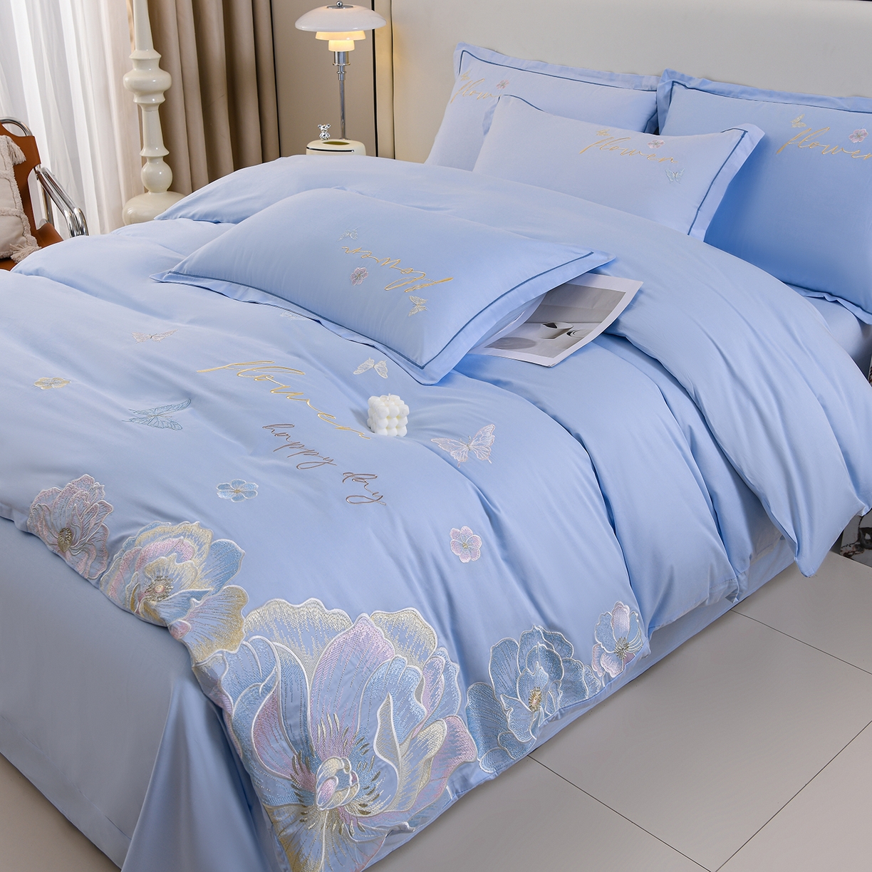 绒小宣 2025新款13372全棉绣花四件套-牡丹佳人 华尔兹-蓝