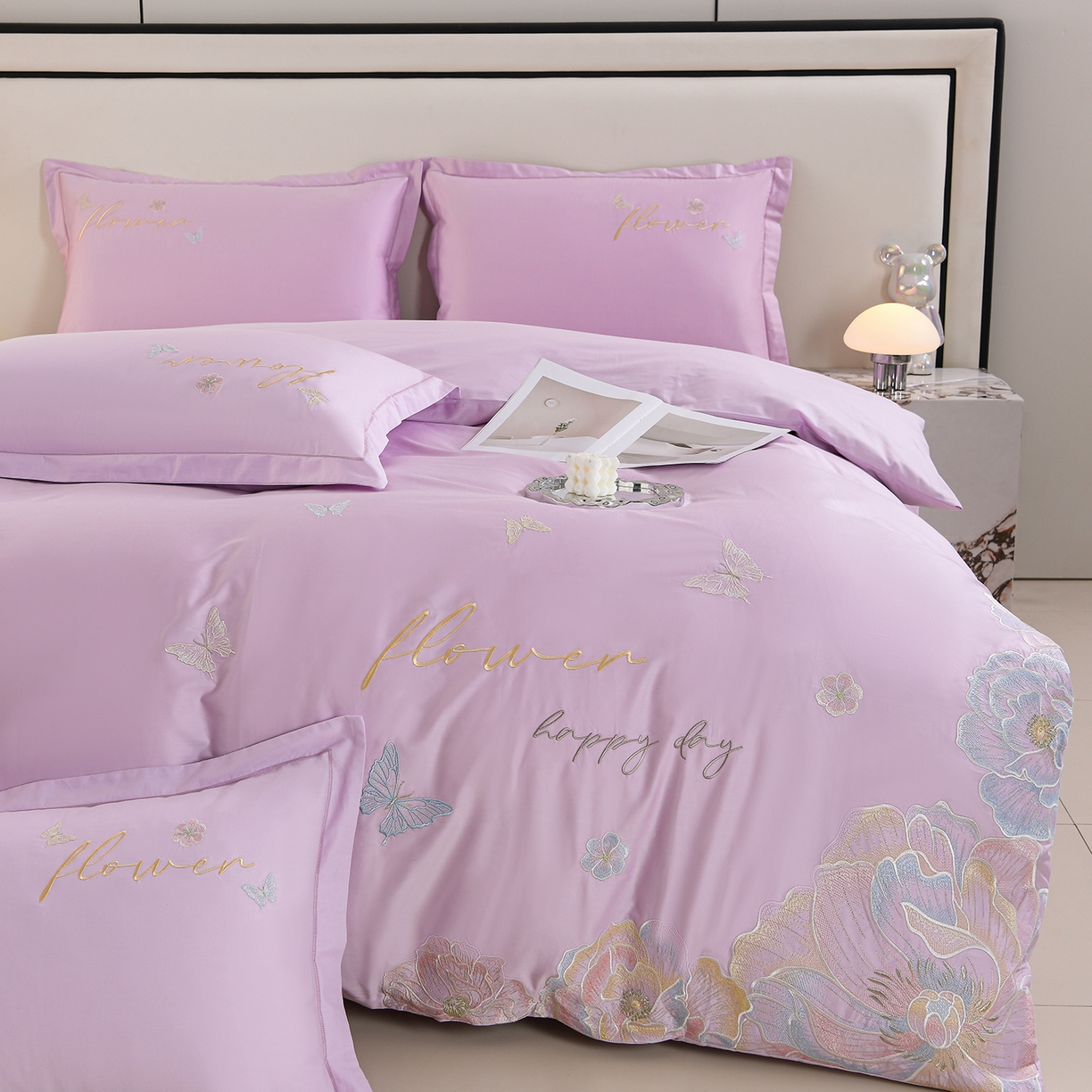 91家纺网 家纺一手货源 找家纺 绒小宣 2025新款13372全棉绣花四件套-牡丹佳人 华尔兹-紫