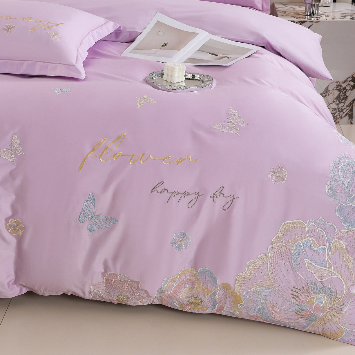 91家纺网 家纺一手货源 找家纺 绒小宣 2025新款13372全棉绣花四件套-牡丹佳人 华尔兹-紫