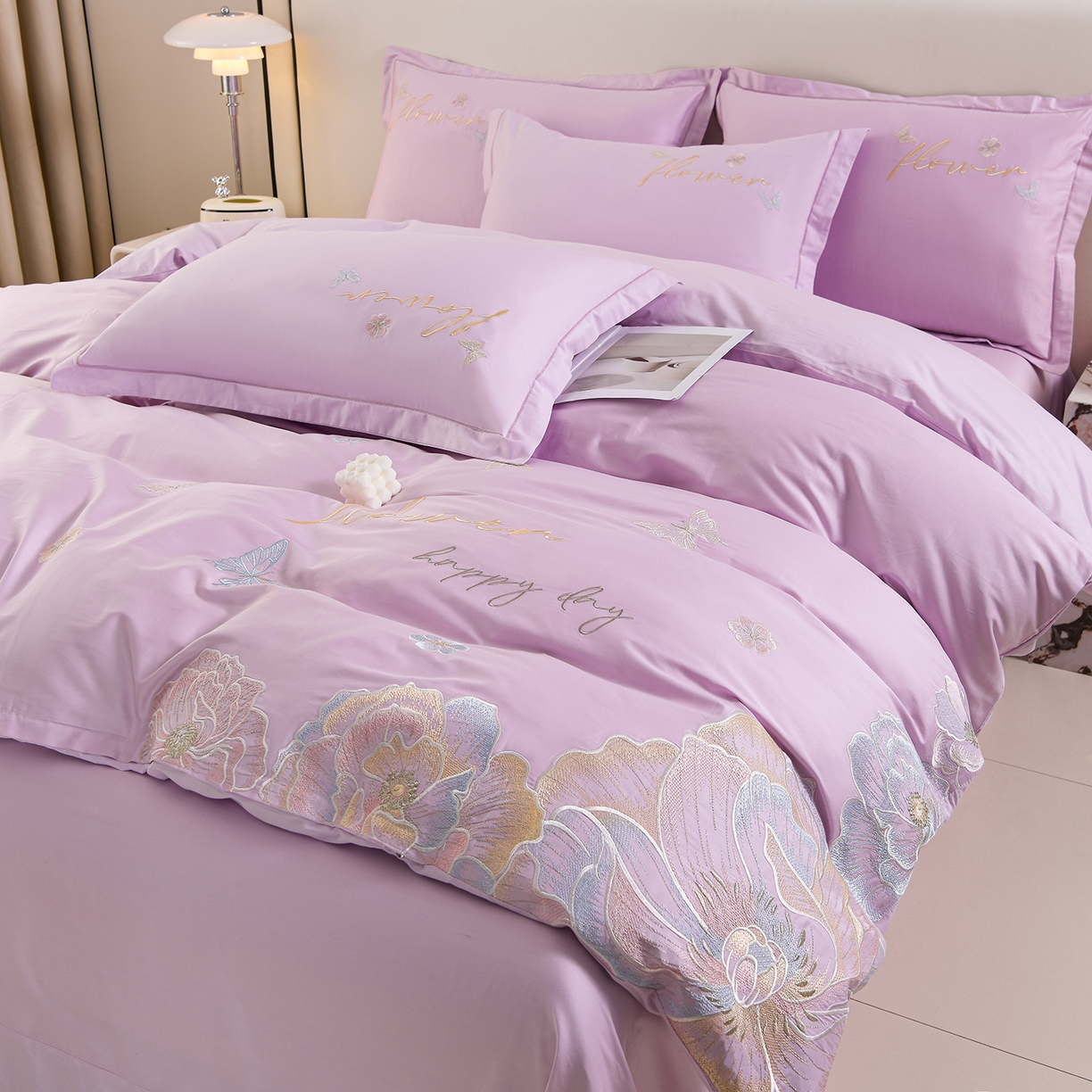 91家纺网 家纺一手货源 找家纺 绒小宣 2025新款13372全棉绣花四件套-牡丹佳人 华尔兹-紫