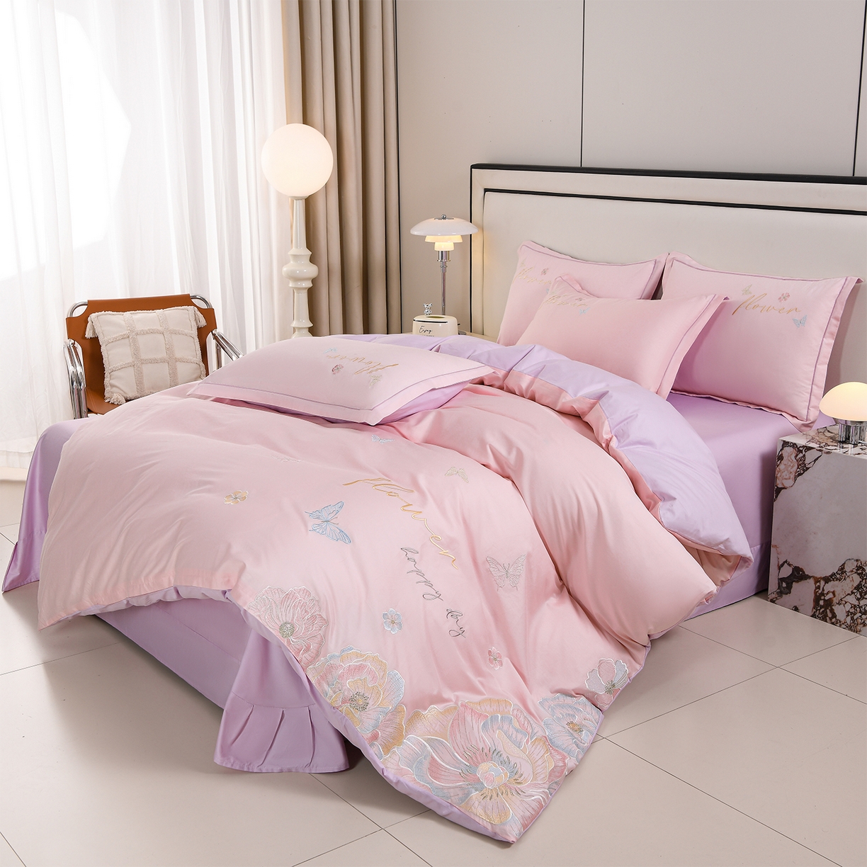 91家纺网 家纺一手货源 找家纺 绒小宣 2025新款13372全棉绣花四件套-牡丹佳人 华尔兹-粉紫