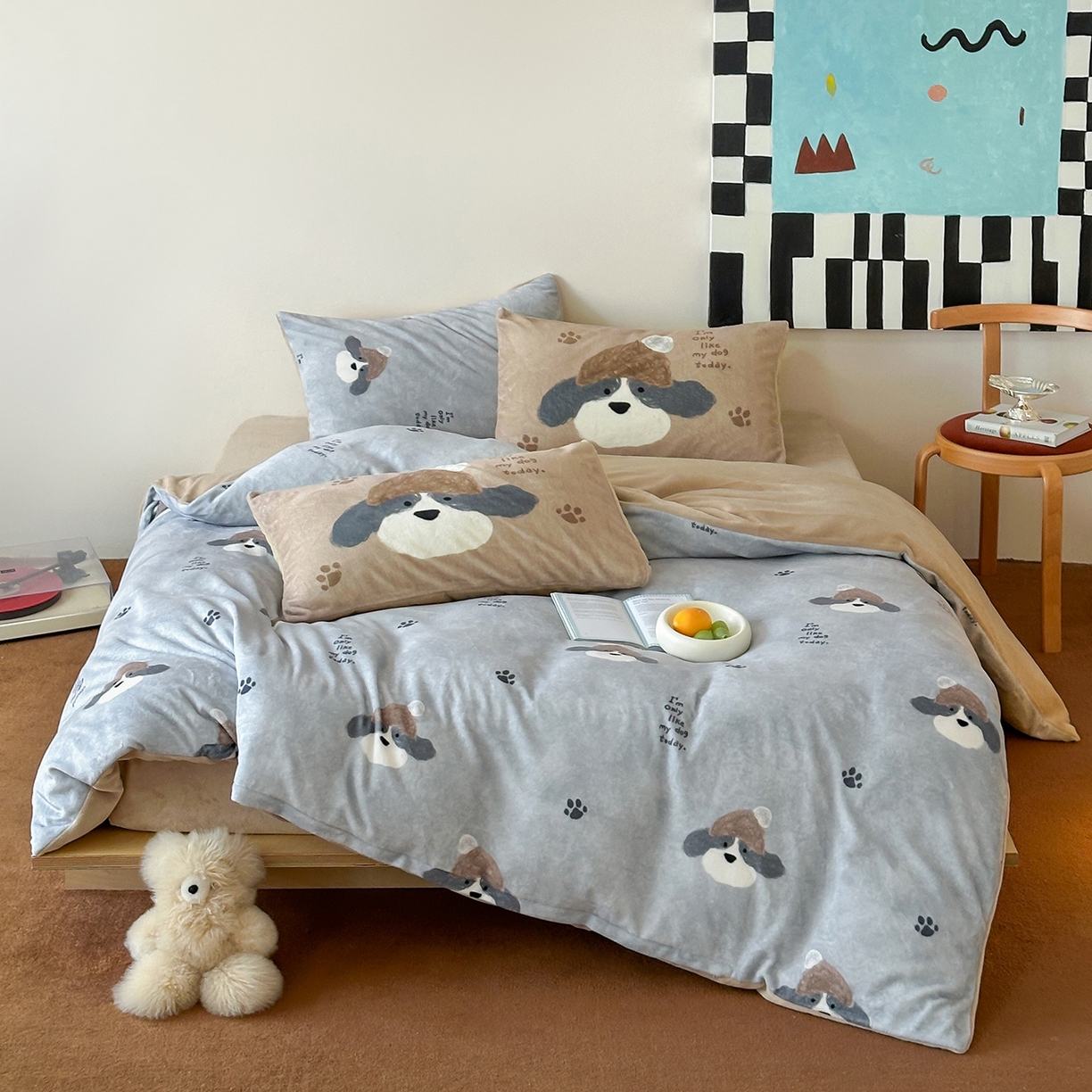 桃子家居 2025新款A类ins数码印花枕混搭复古时尚卡通加厚牛奶系列四件套 绒-混搭冬日狗