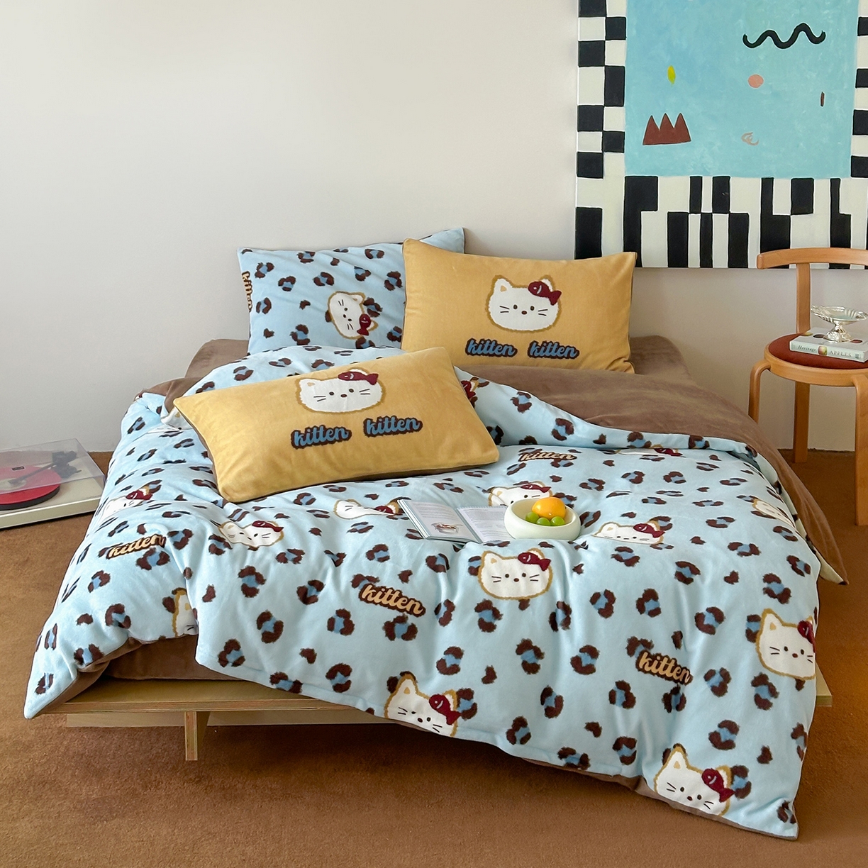 桃子家居 2025新款A类ins数码印花枕混搭复古时尚卡通加厚牛奶系列四件套 绒-混搭豹纹喵蓝