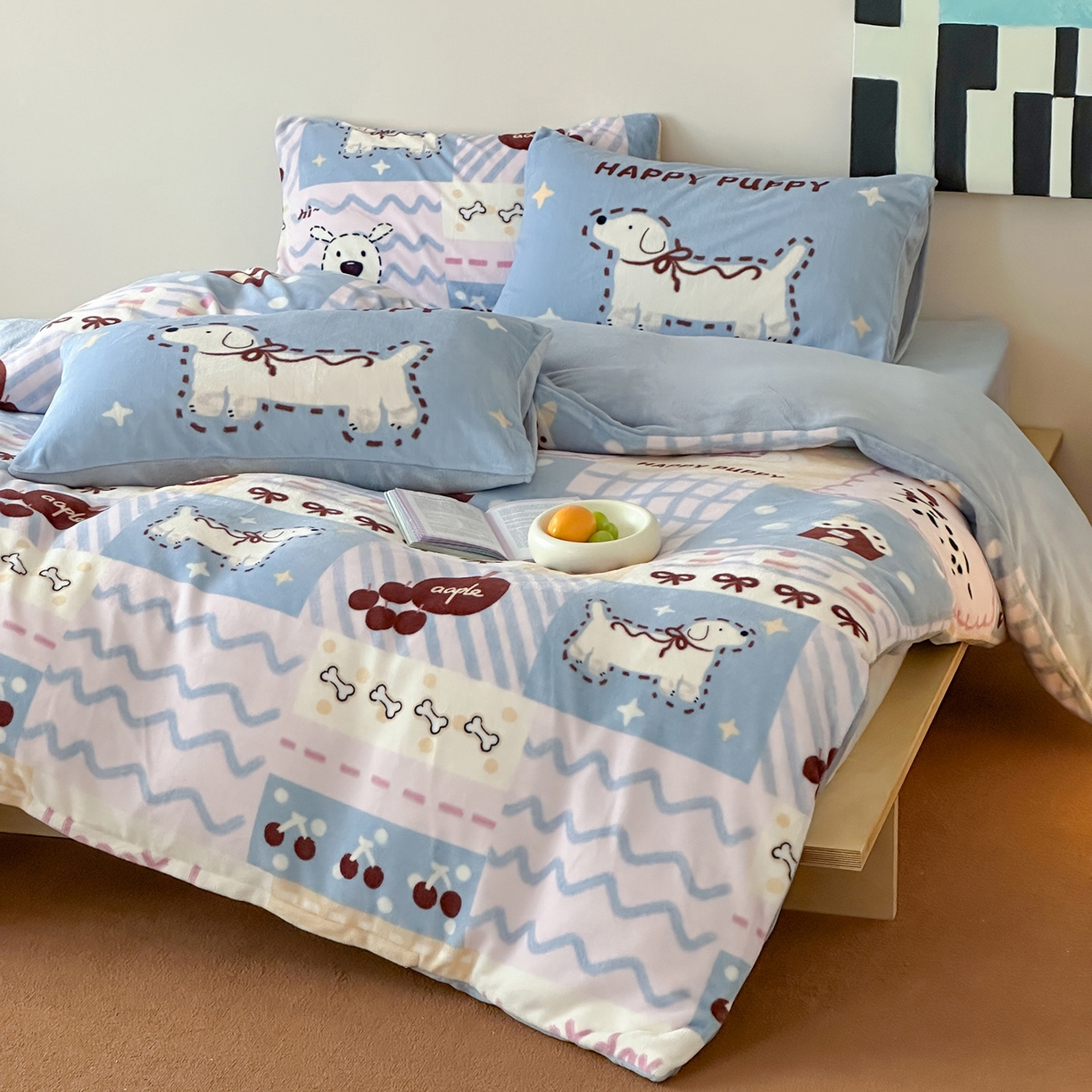 91家纺网 家纺一手货源 找家纺 桃子家居 2025新款A类ins数码印花枕混搭复古时尚卡通加厚牛奶系列四件套 绒-混搭蜡笔画