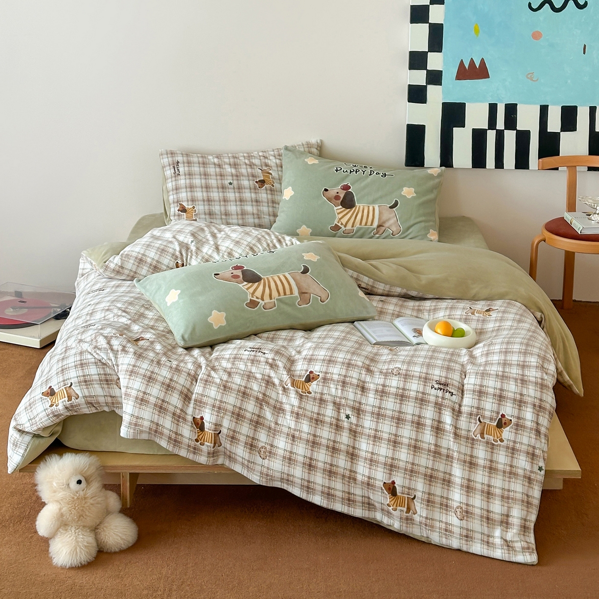 桃子家居 2025新款A类ins数码印花枕混搭复古时尚卡通加厚牛奶系列四件套 绒-混搭童趣腊肠狗