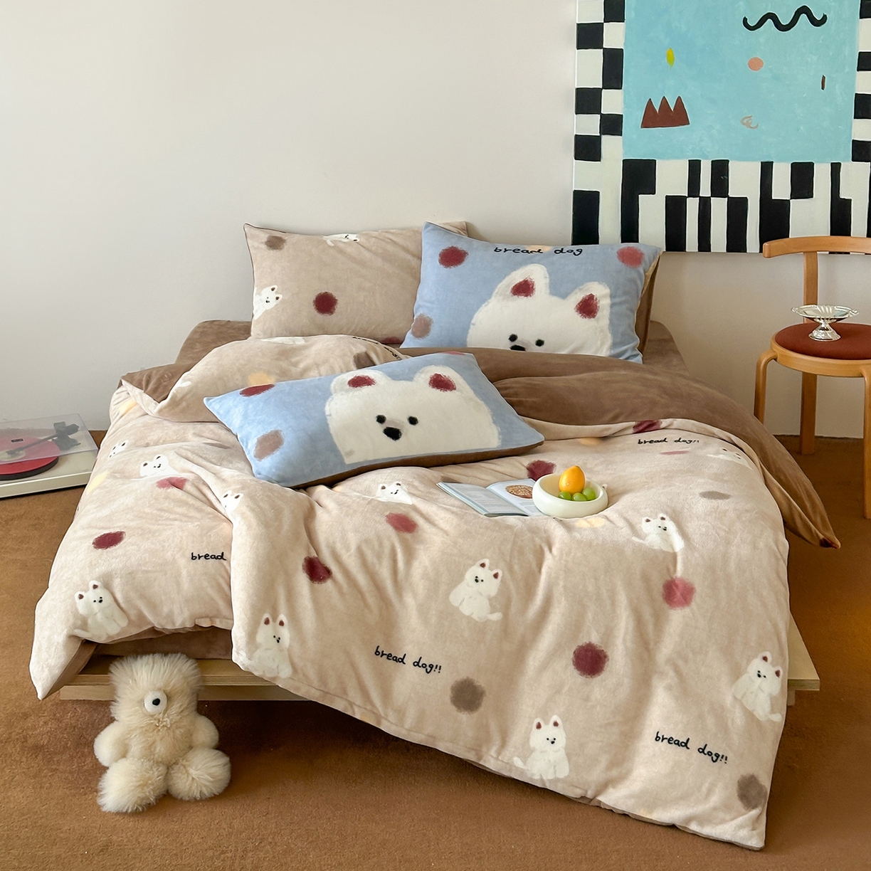 桃子家居 2025新款A类ins数码印花枕混搭复古时尚卡通加厚牛奶系列四件套 绒-混搭泡芙狗