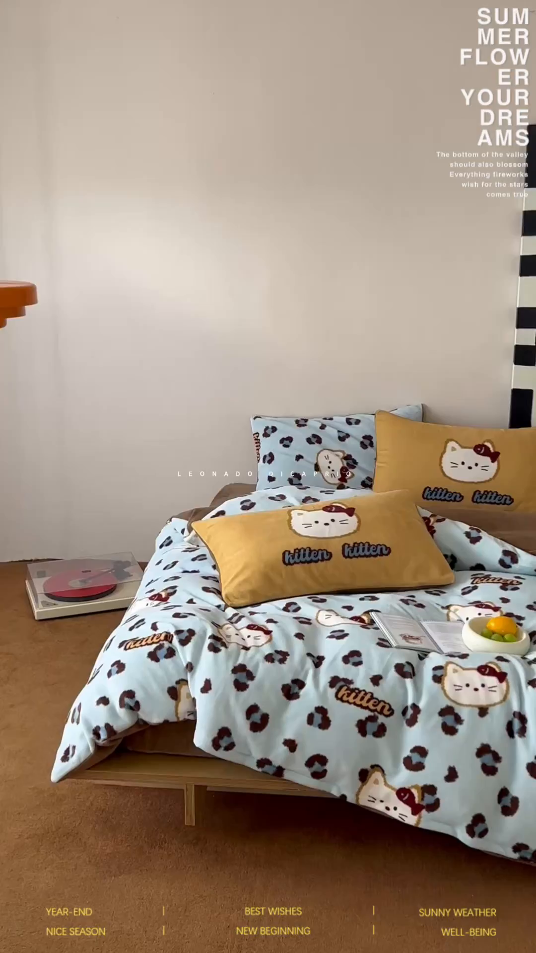 91家纺网 家纺一手货源 找家纺 桃子家居 2025新款A类ins数码印花枕混搭复古时尚卡通加厚牛奶系列四件套 绒-混搭豹纹喵蓝