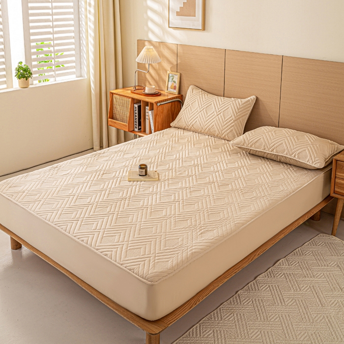 91家纺网 家纺一手货源 找家纺 给笠 2025新款A类超声波夹棉床笠 卡其