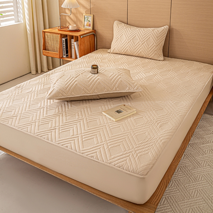 91家纺网 家纺一手货源 找家纺 给笠 2025新款A类超声波夹棉床笠 卡其